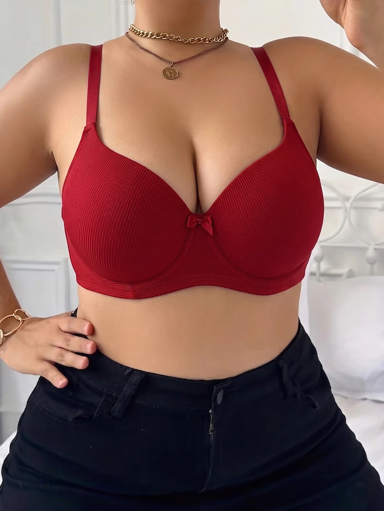 Plus Size Ribbed Push-Up Bra — Wide Strap Underwire Side Gather | Women's Bra