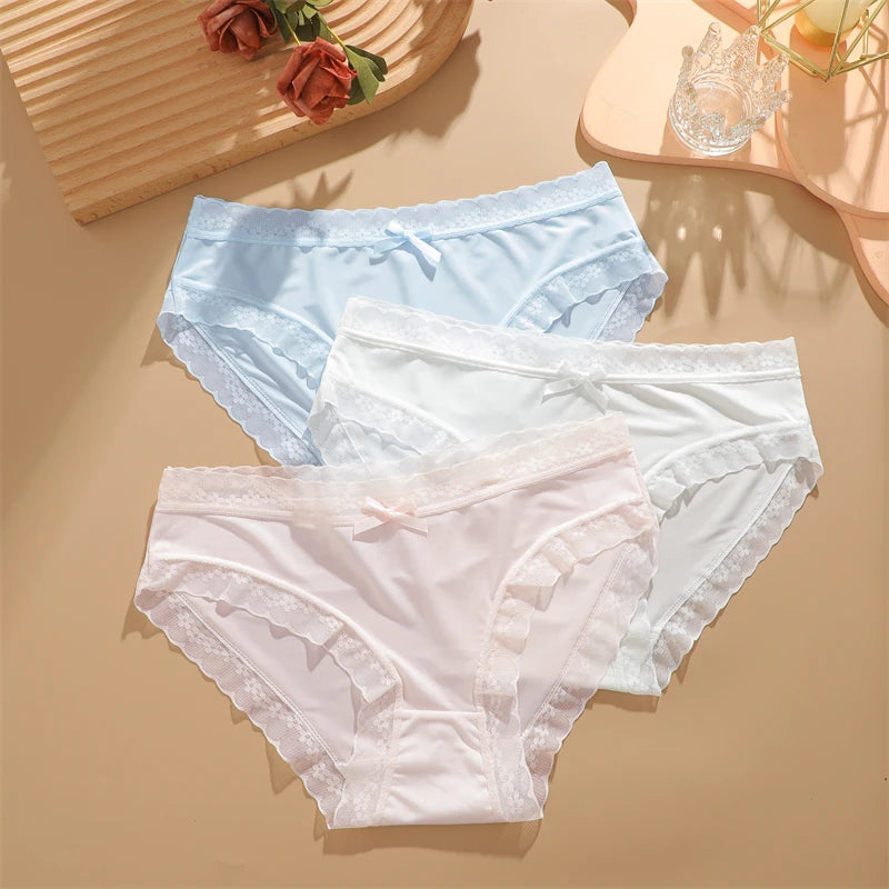 4Pcs Ice Silk Lace Panties Seamless Soild Underwear For Women Sexy Ultra-thin Breathable Briefs Girls Soft Transparent Lingerie