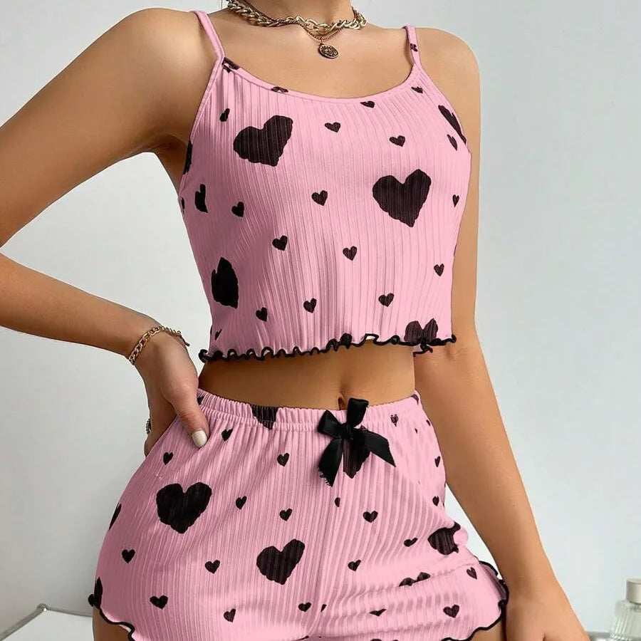 Spaghetti Strap Tank Top & Shorts Pajama Set – Geometric Print, Knit | Women's Summer Sleepwear (1pc or 2pcs)