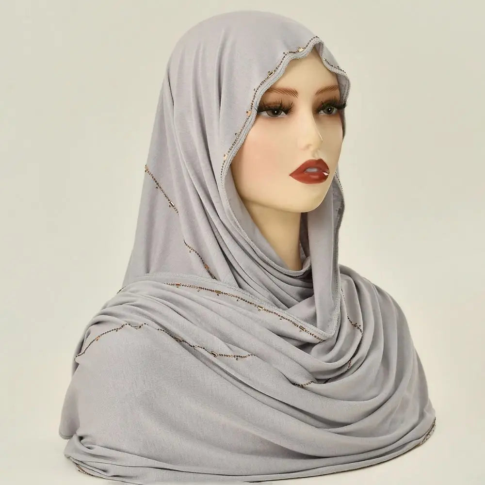 New Breathable Rhinestone Hijab Scarf Soft Glitter Shimmer Edge Headband Turban Solid Color Headscarf For Women
