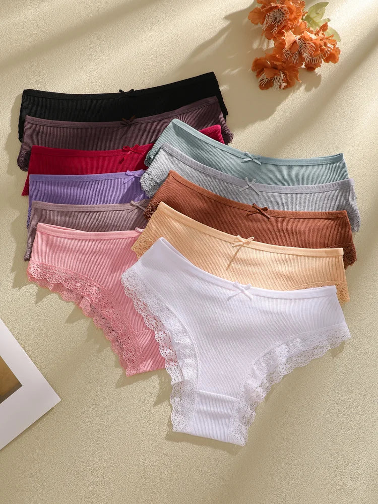 FINETOO 6PCS Women's Cotton Lace Underwear Sexy Crossed Belts Brazilian Panties Female Low Rise Breathable Briefs Soft Lingerie
