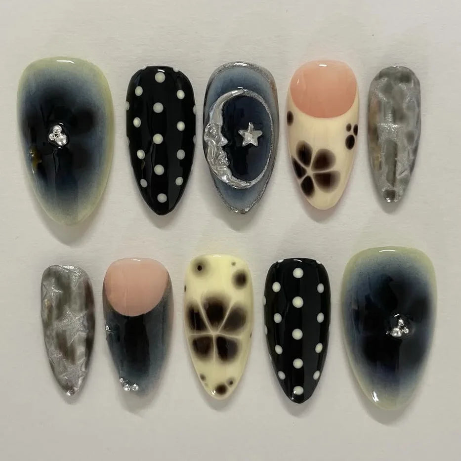 French Almond Press-On Nails – Leopard Print & 3D Bow Designs, 24 Pieces