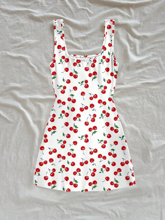 Cherry Print U-Neck Open Back Mini Dress – Side Slit Slim Fit | Sexy Summer Style