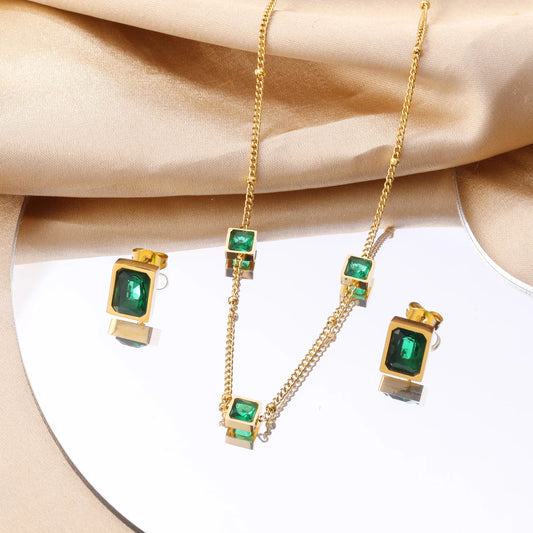 Green Zirconia Jewelry Set – Luxury CZ Crystal Necklace & Earrings for Women