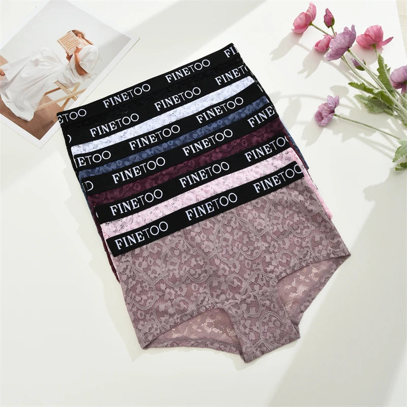 FINETOO 3Pcs Lace Hollow Out Boyshorts Underwear Women's Elastic Belt Panties Sexy Transparent Floral Briefs Breathable Lingerie