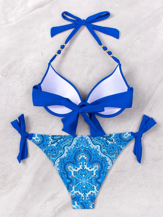 Push-Up Halter Bikini Set — Bow-Tie Top & Printed Side-Tie Bottoms | Women's Swimwear