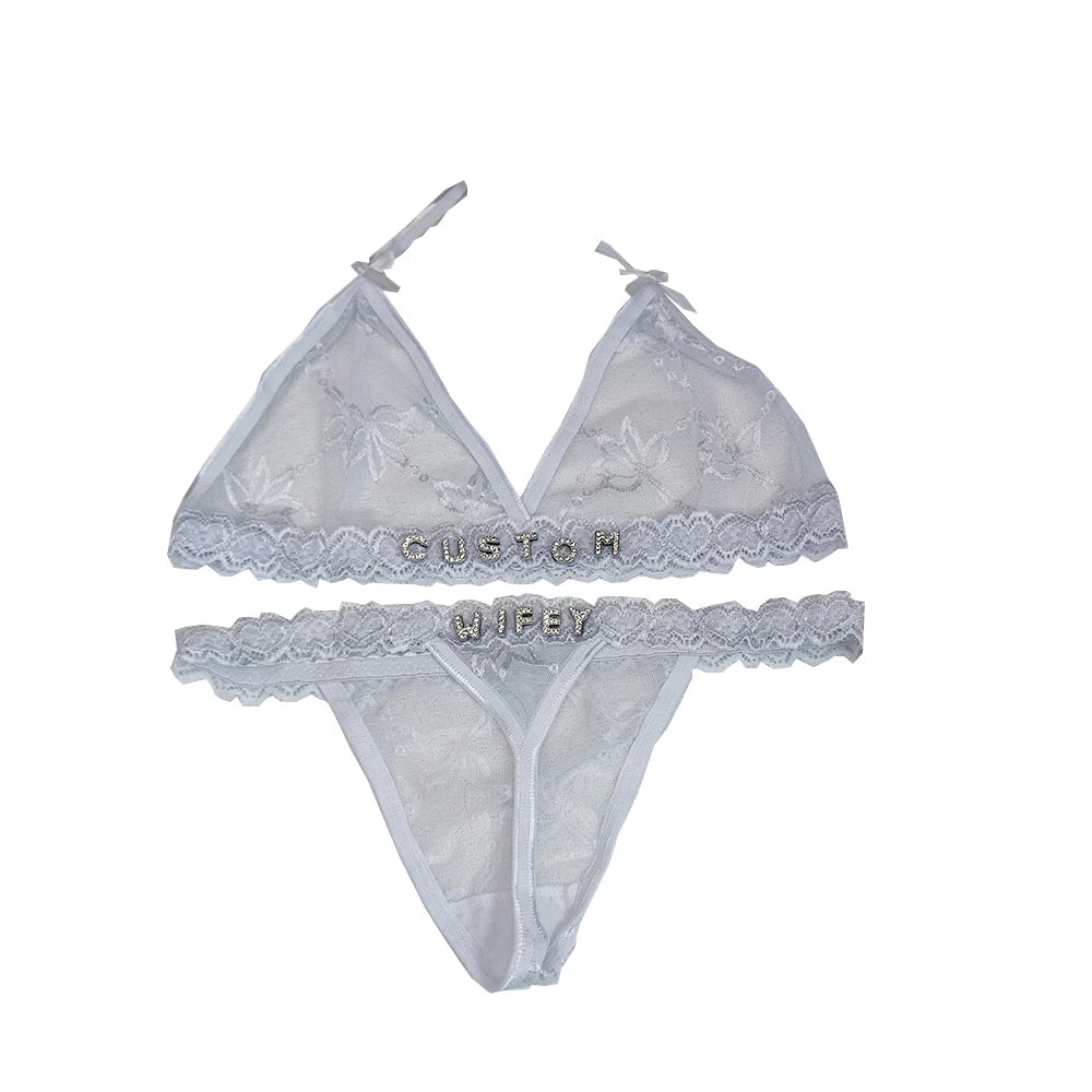 Personalized Rhinestone Thong & Bra Set – Custom Name Lingerie