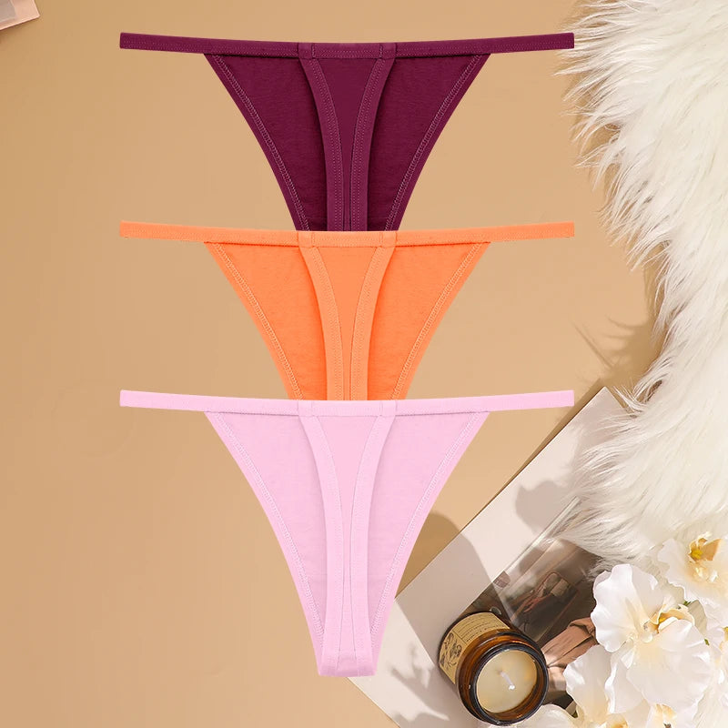 FINETOO 3PCS/Set Sexy Women Cotton G-String Underwear Low Waist Panties Girl T-back Panty Soft Thin Strap Femme Thong Lingerie