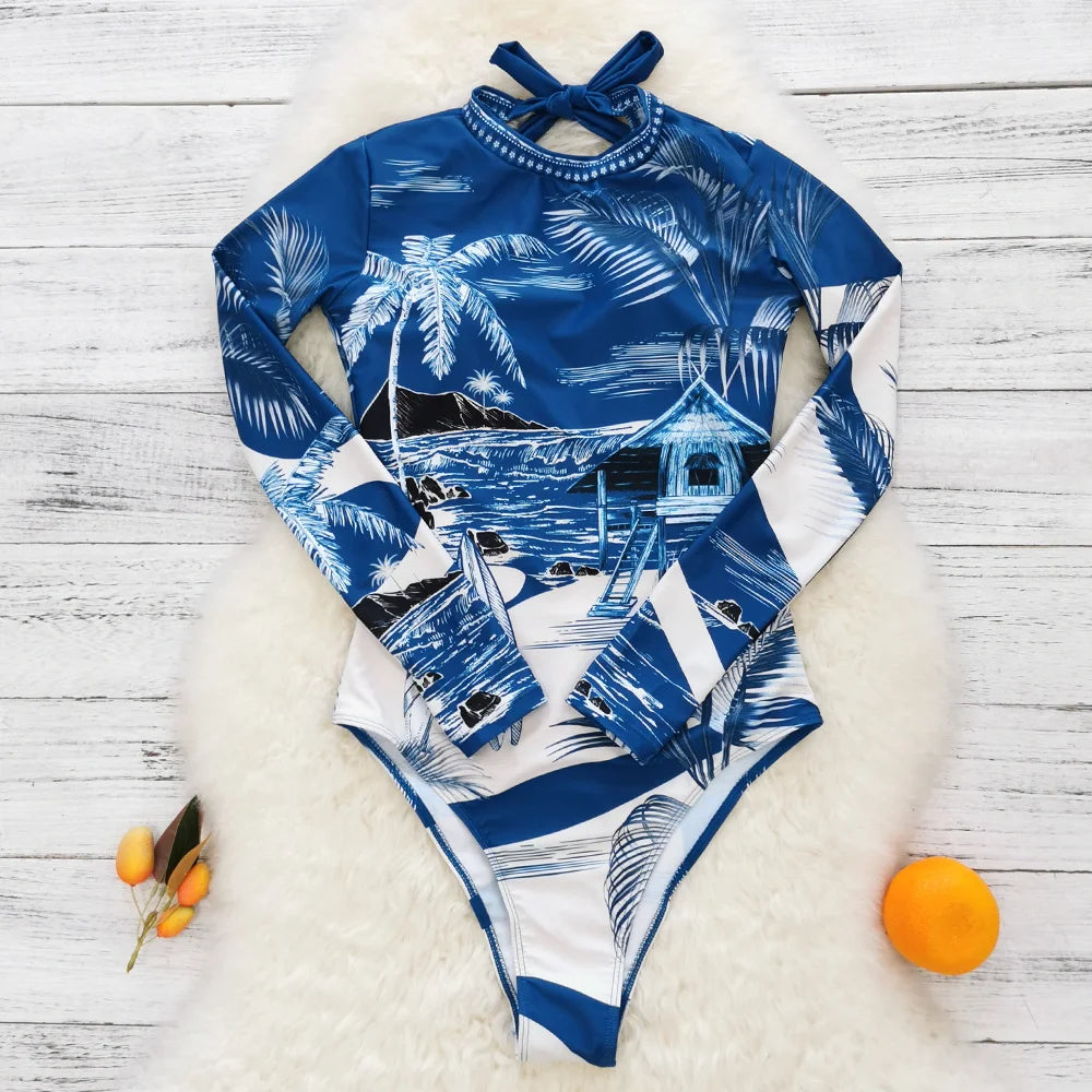 Color Block Surfing One-Piece Swimsuit — Long Sleeve Zipper | Women's Sport Swimwear