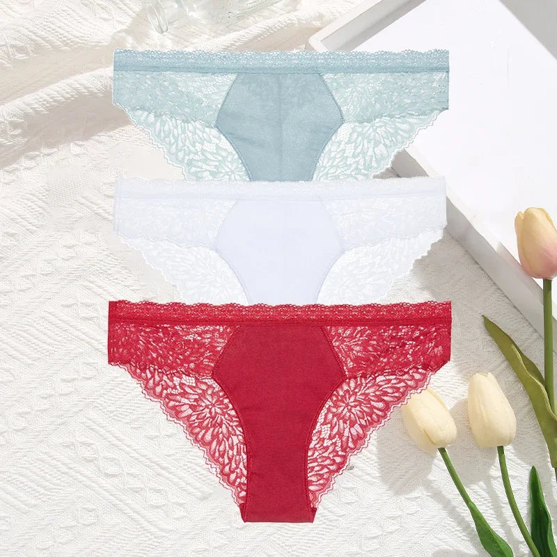 3-Pack Seamless Lace Hollow-Out Brief Panties – Soft Breathable Low-Rise Underwear for Women (S–XL, 20 Color Sets)