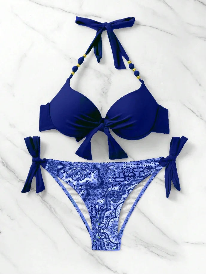 Push-Up Halter Bikini Set — Bow-Tie Top & Printed Side-Tie Bottoms | Women's Swimwear