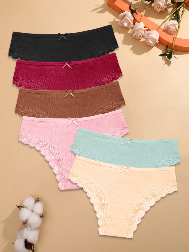 FINETOO 6PCS Women's Cotton Lace Underwear Sexy Crossed Belts Brazilian Panties Female Low Rise Breathable Briefs Soft Lingerie