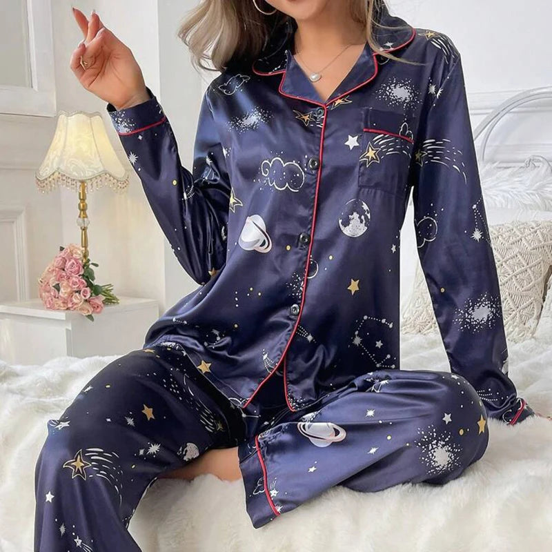 Satin Floral Pajama Set — Long Sleeve Button-Up Top & Pants