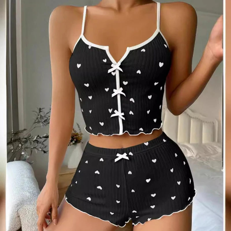 Heart Print Frill-Trim Pajama Set – Ribbed Square-Neck Top & Shorts, Summer Loungewear (S–2XL)