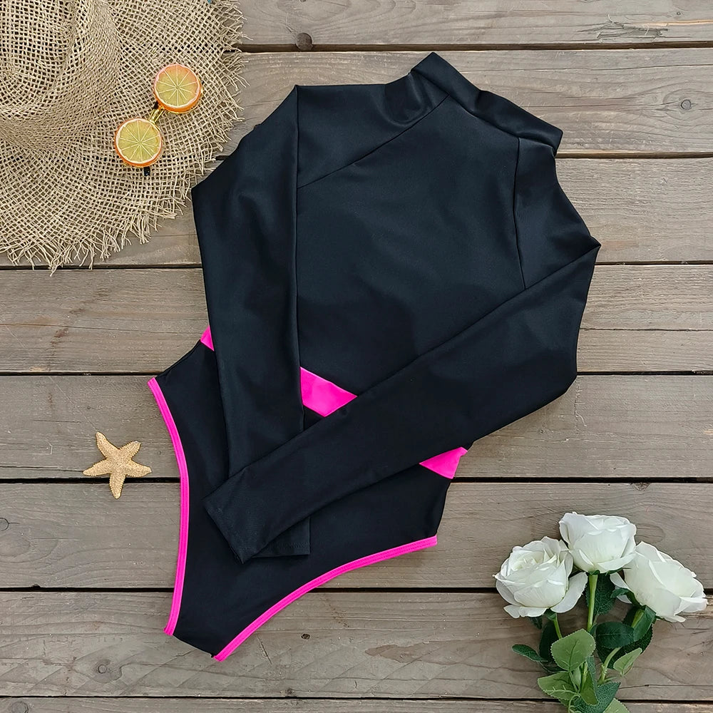 Color Block Surfing One-Piece Swimsuit — Long Sleeve Zipper | Women's Sport Swimwear