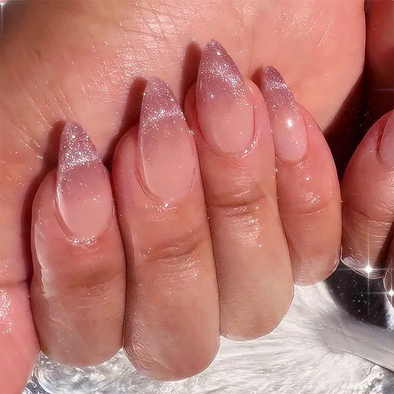 Short Almond Cat Eye Press-On Nails - Glossy Glitter, 24-Piece Set