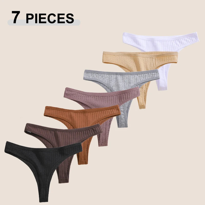 7Pcs/Set Cotton Thread Thongs Underwear Seamless Breathable Bikini T-Back G-Strings Panties Female Low Waist Sexy Lingerie S-XL