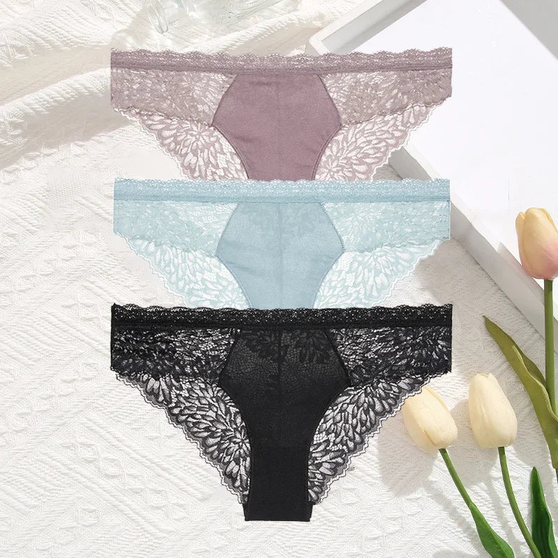 3-Pack Seamless Lace Hollow-Out Brief Panties – Soft Breathable Low-Rise Underwear for Women (S–XL, 20 Color Sets)