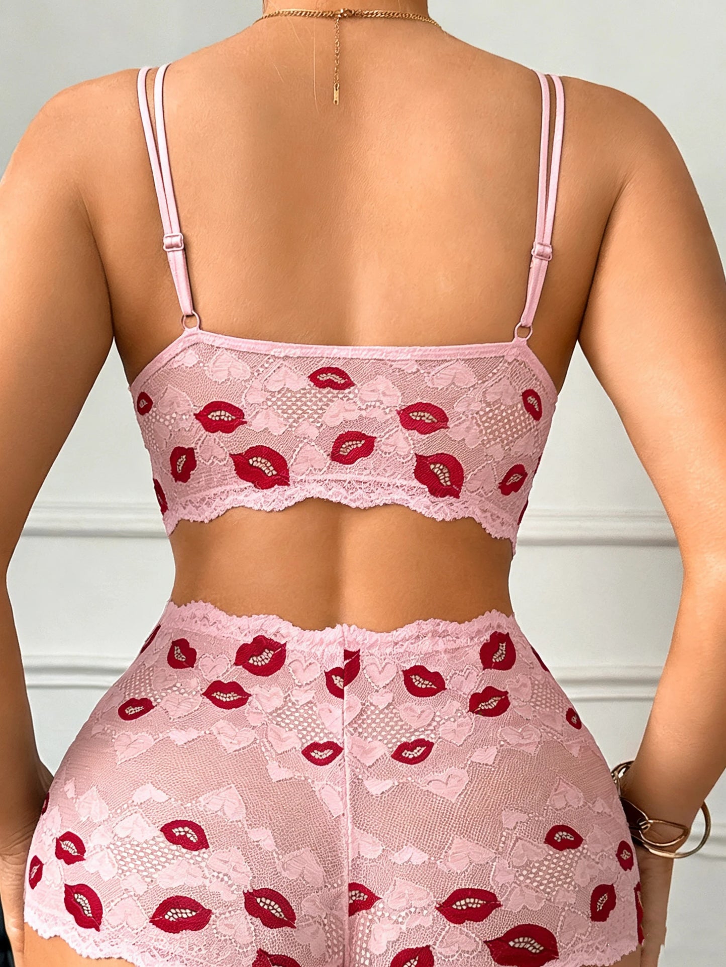 Lip Print Lace Lingerie Set — Crisscross Bra & Panty | Women's Lingerie