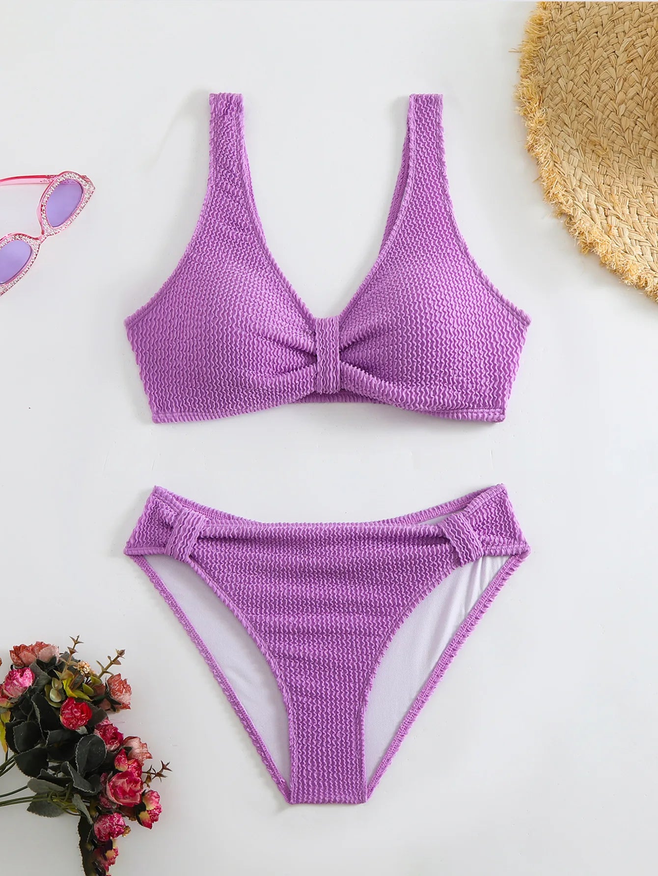 Solid Color High Waist Bikini Set — V-Neck Textured Top & Cheeky Bottoms | Women's Swimwear