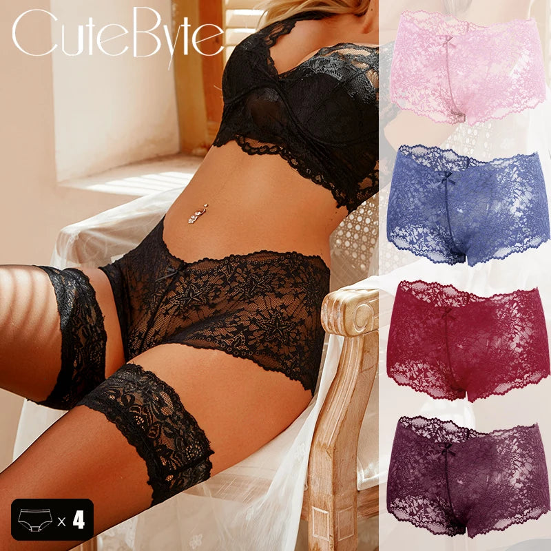 4-Pack Hollow Lace Boyshort Panties – Low-Rise Breathable Underwear for Women (S–2XL, 13 Color Sets)