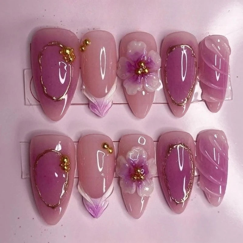 Almond Press-On Nails - 3D Floral, Butterfly & French Tip, 24 Pieces