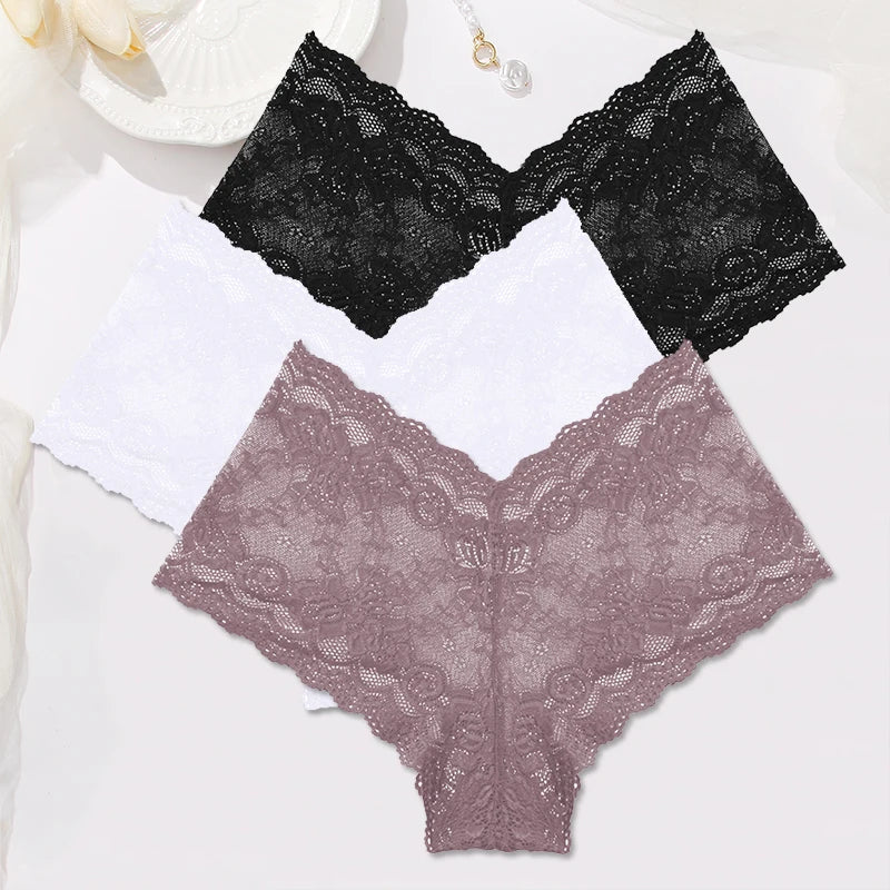 3-Pack Floral Lace Boyshort Panties – Low-Rise Ultra-Thin Underwear for Women (S–XL, 10 Color Sets)