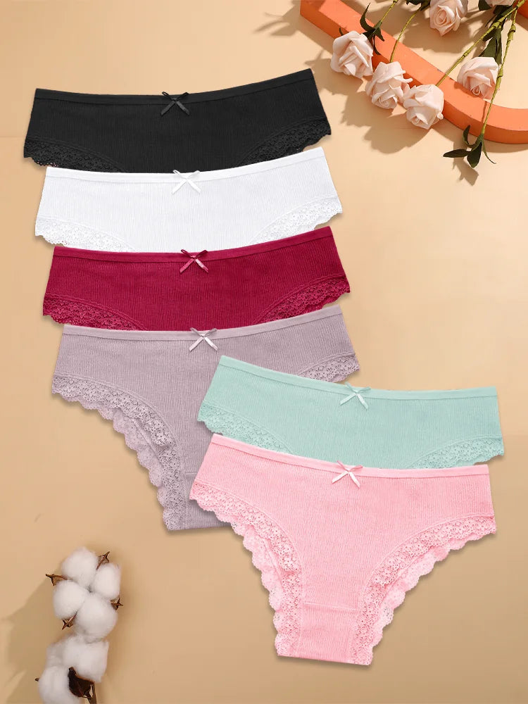 FINETOO 6PCS Women's Cotton Lace Underwear Sexy Crossed Belts Brazilian Panties Female Low Rise Breathable Briefs Soft Lingerie