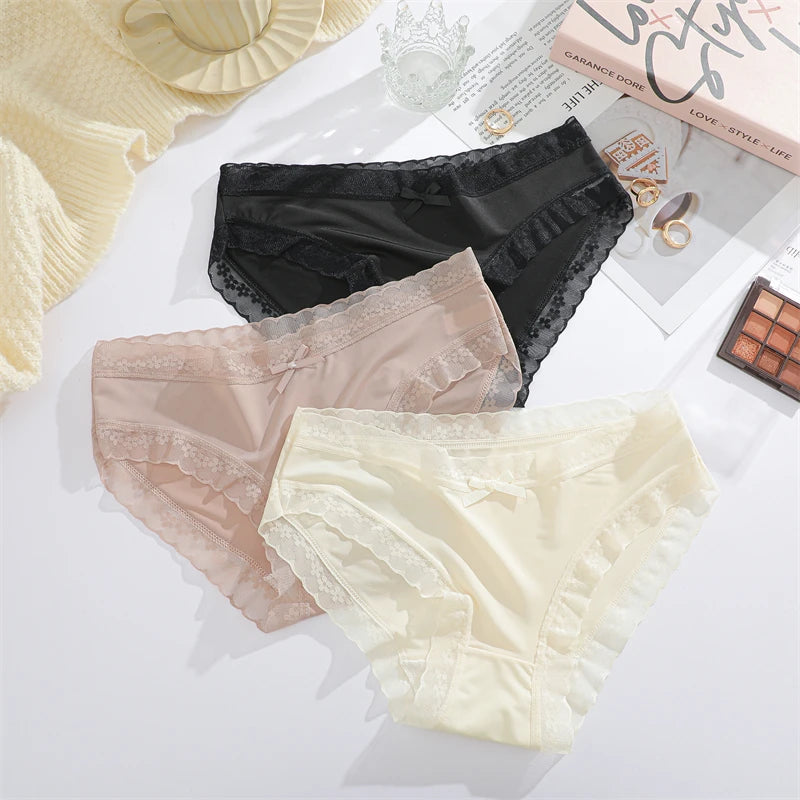 4Pcs Ice Silk Lace Panties Seamless Soild Underwear For Women Sexy Ultra-thin Breathable Briefs Girls Soft Transparent Lingerie