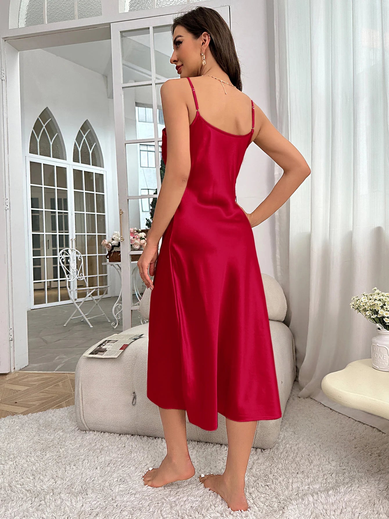 Spaghetti Strap V-Neck Nightdress — Mid-Calf Slip Nightgown | Women's Sleepwear