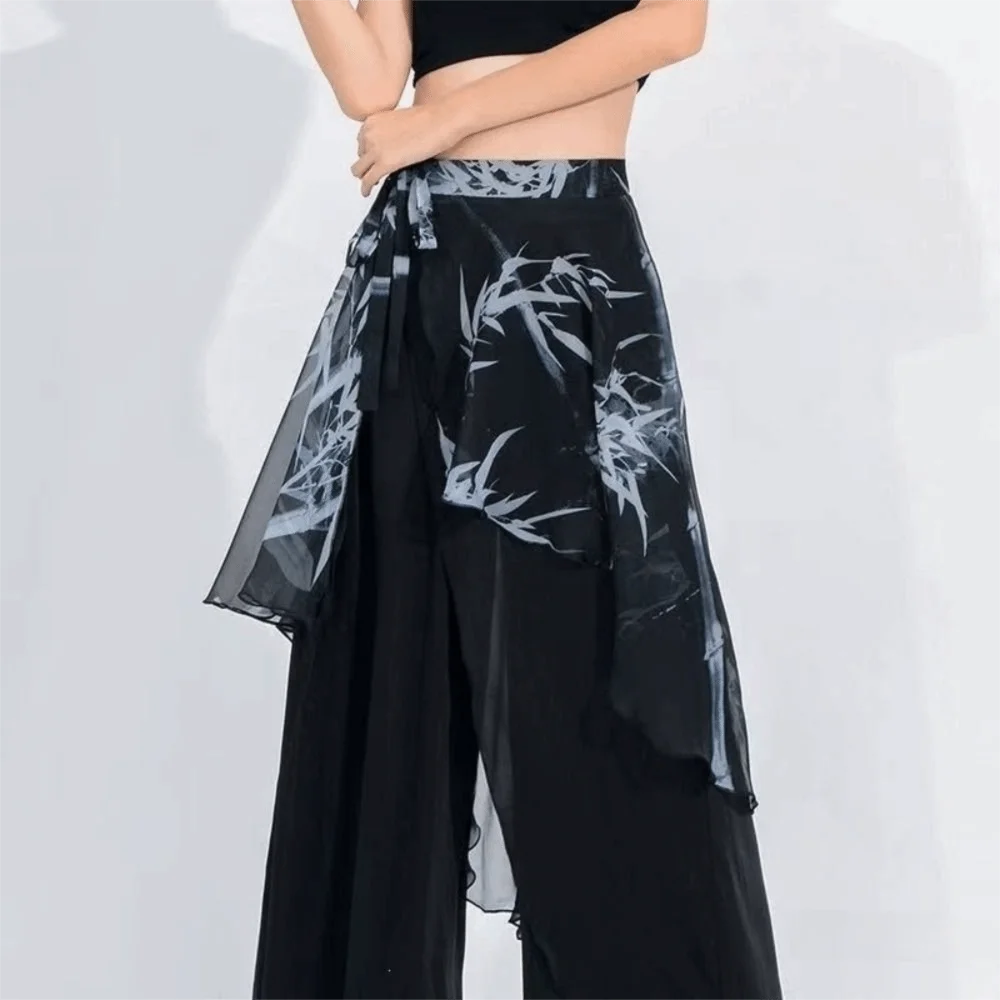 High Waist Chiffon Wrap Skirt Scarf Plant&Flowers Pattern Lightweight Lace Midi Skirt See Through Y2K Streetwear