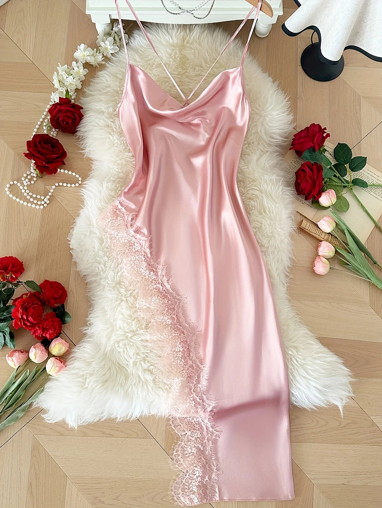 Lace Trim Satin Midi Nightgown — Cowl Neck Spaghetti Strap | Women's Elegant Sleepwear