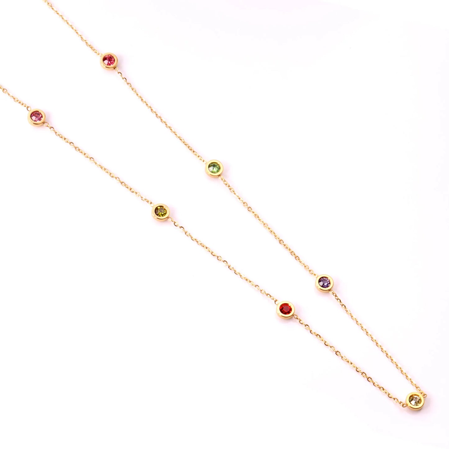 Colorful Rhinestone Chain Necklace – Multicolor Zirconia 18K Gold-Plated Stainless Steel Sweater Necklace for Women