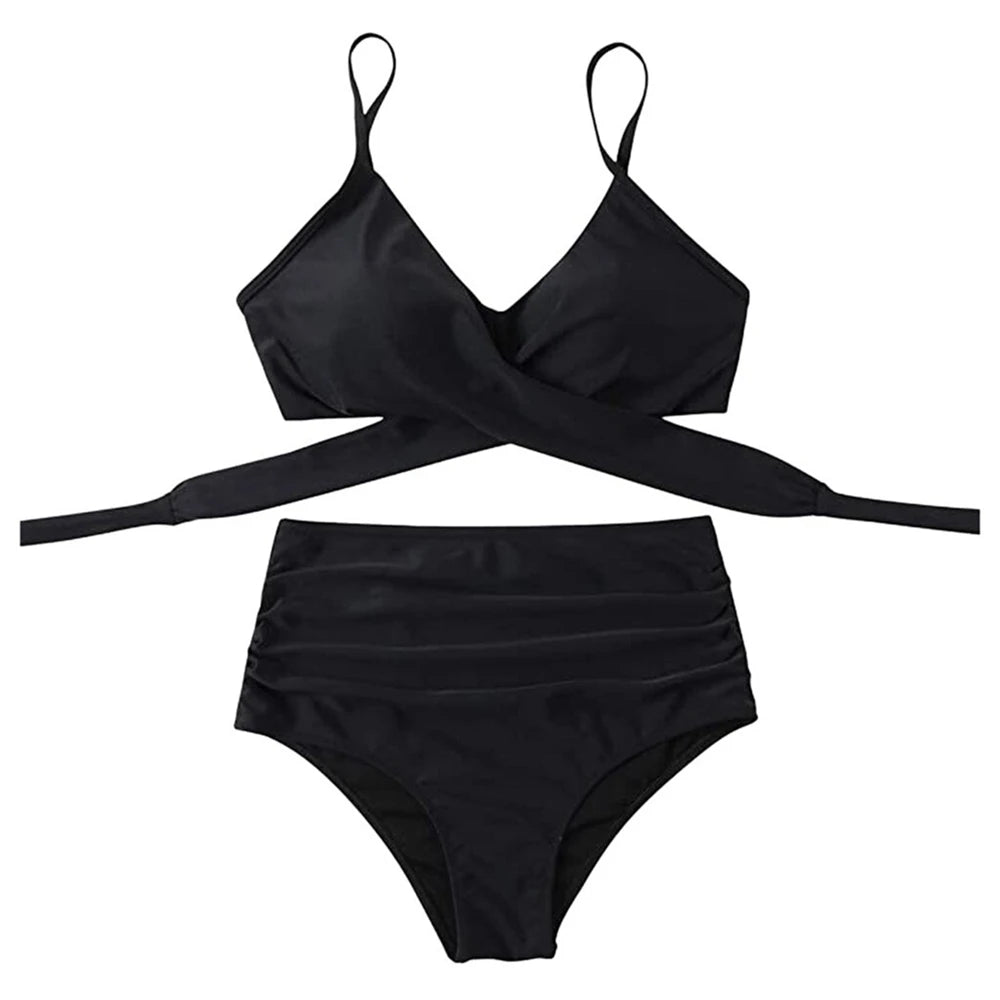 High Waist Bikini Set — Cross Front Top & Ruched Bottoms | Women's Swimwear