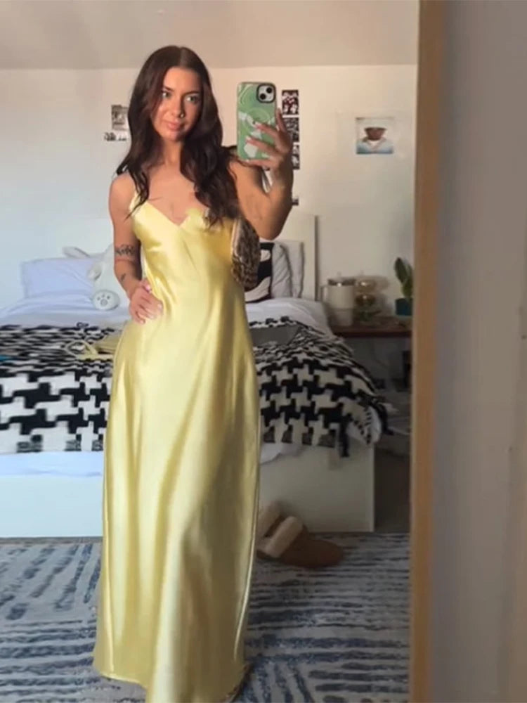 Blue V Neck Satin Lace Patchwork Maxi Dress Chic Spaghetti Strap Backless Slip Dress 2026 Summer new Lady Beach Holiday Vestidos