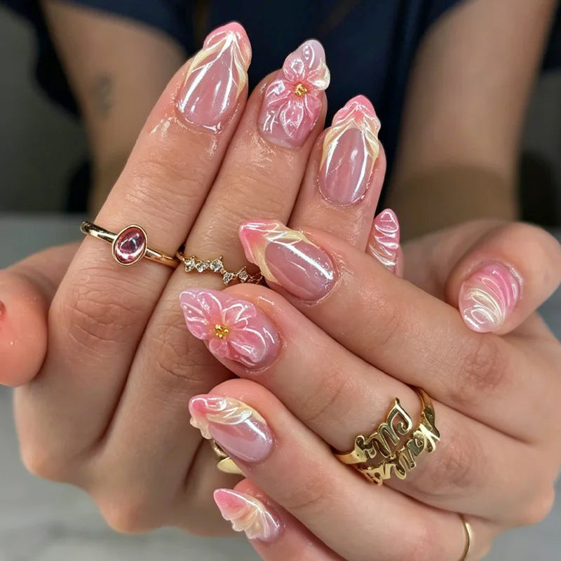 Pink Floral Press-On Nails – Almond Flower Designs, 24 Pieces