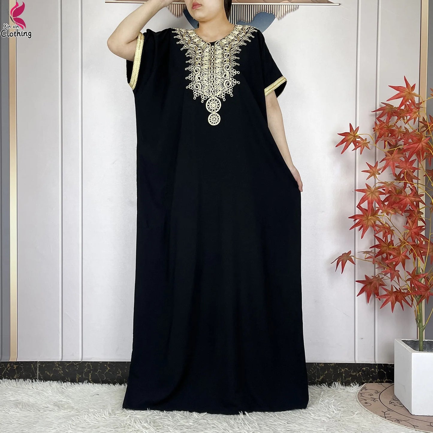 2026 New Summer Short Sleeve African Abaya Cotton Pure Color Embroidery Loose Woman Maxi Islam Tradition Dresses With Headscarf