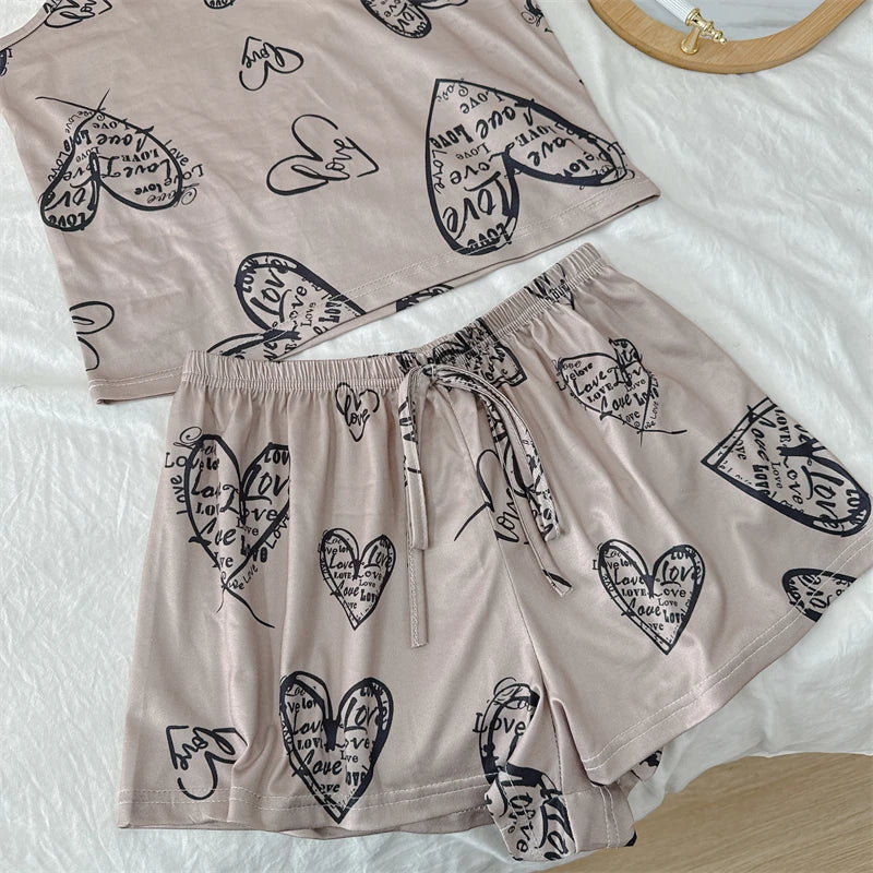 Cherry Print Ice Silk Pajama Set — Sleeveless Cami Top & Shorts