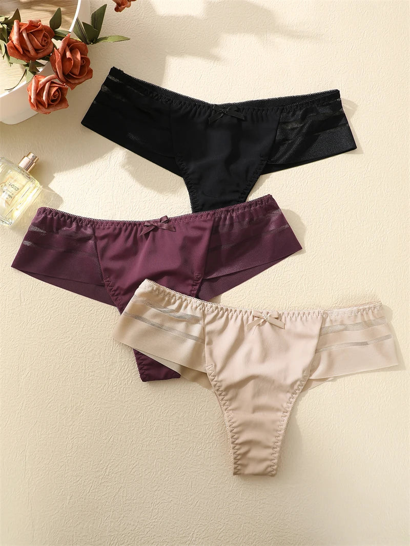3-Pack Lace Hollow-Out Bow Thongs — Silky Low-Rise G-String Panties