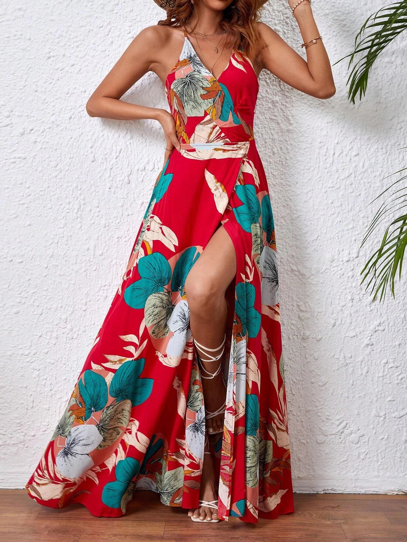 Tropical Print Thigh-High Slit Backless Spaghetti Strap Dress 1056