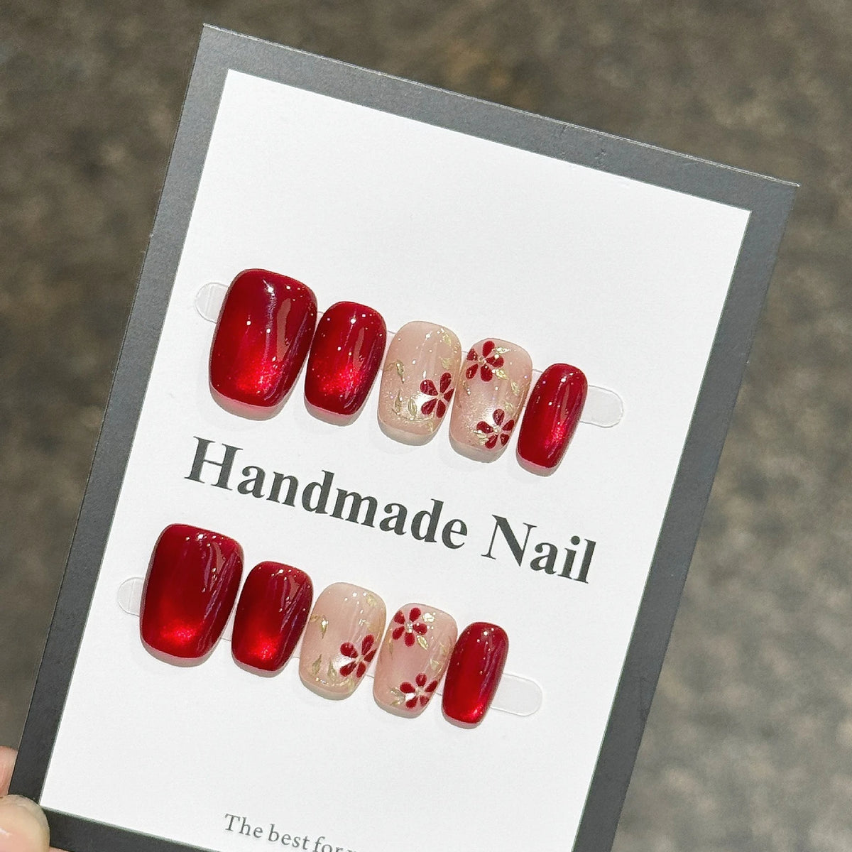 Handmade Short Square Press-On Nails - Floral & Cat Eye, 10-Piece Kit