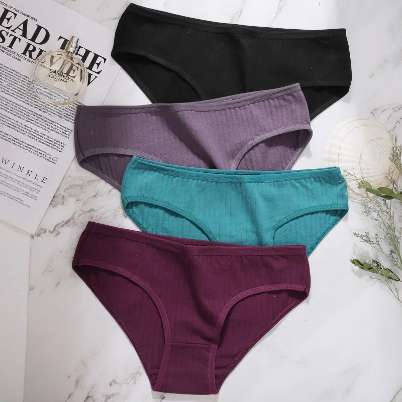 5-Pack Cotton Striped & Solid Brief Panties – Breathable Low-Rise Underwear for Women (M–XL, 12 Color Sets)