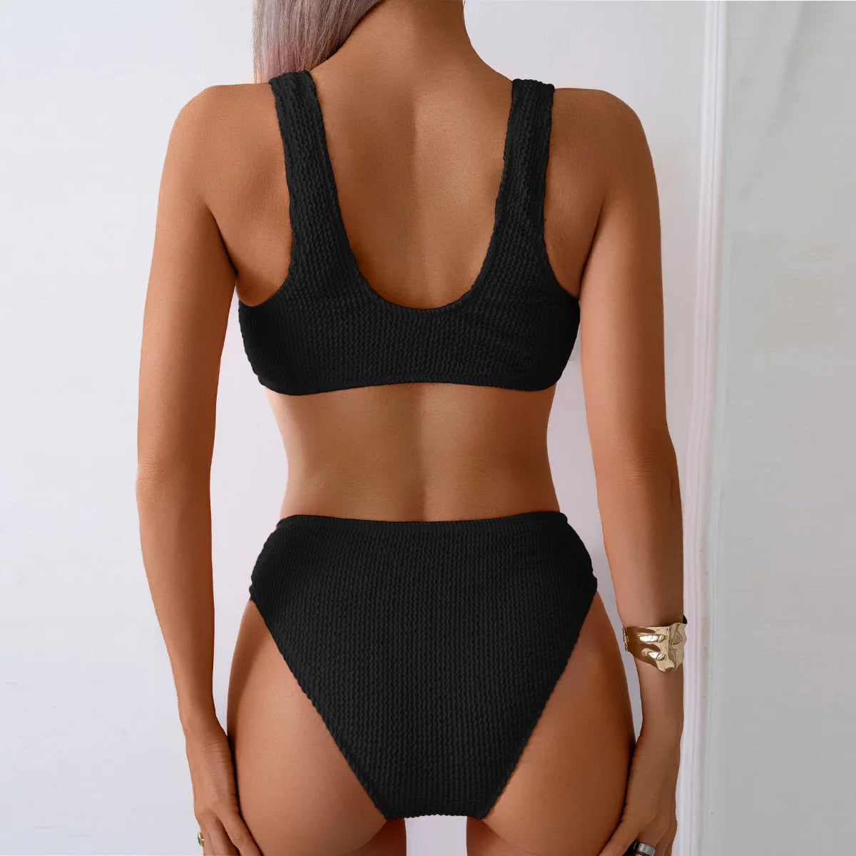 Solid Color High Waist Bikini Set — V-Neck Textured Top & Cheeky Bottoms | Women's Swimwear