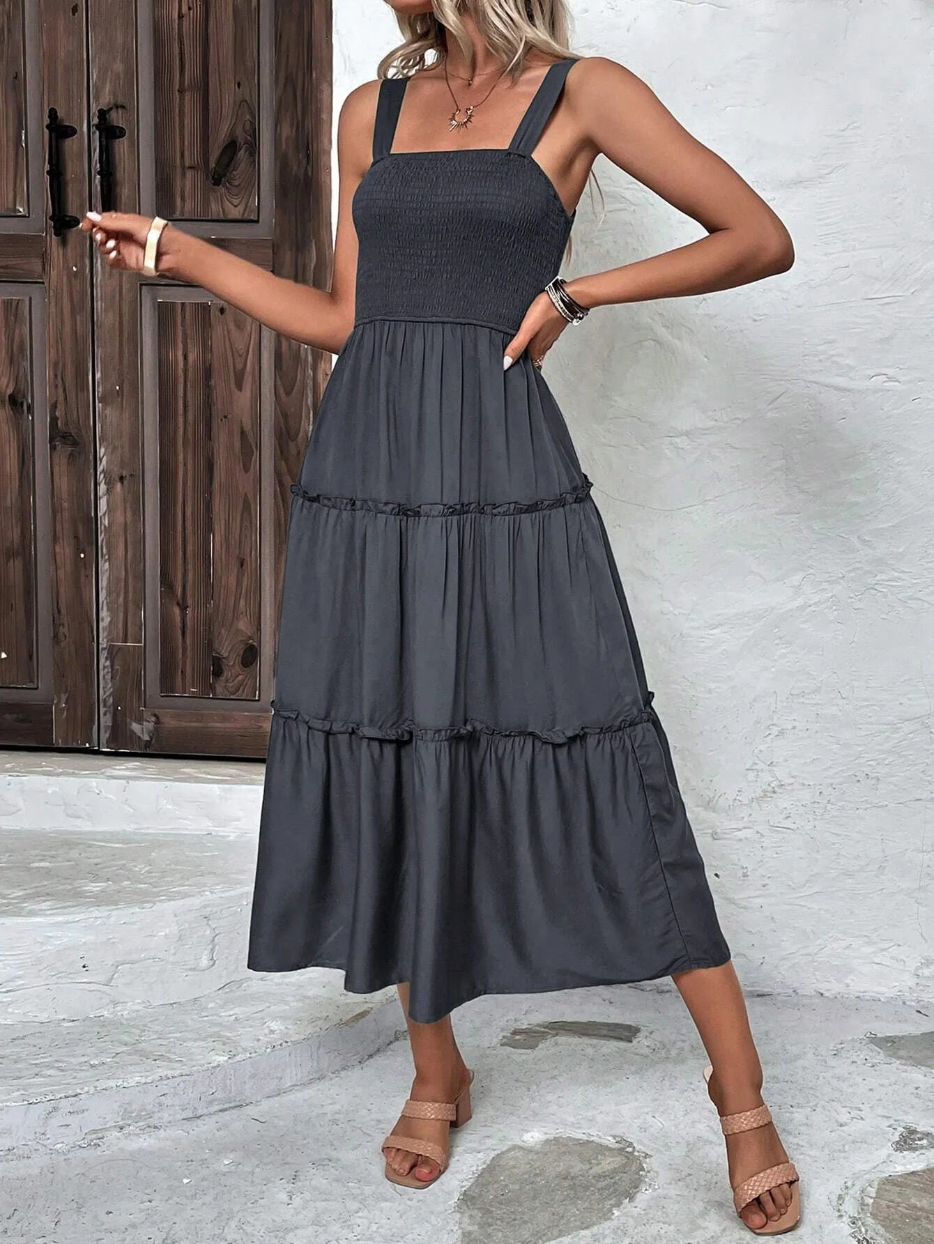 Women's Ruched Bust Ruffle Hem Sleeveless Slip Dress - Summer Sexy Bodycon Tube Strap Dress for Party Beachwear