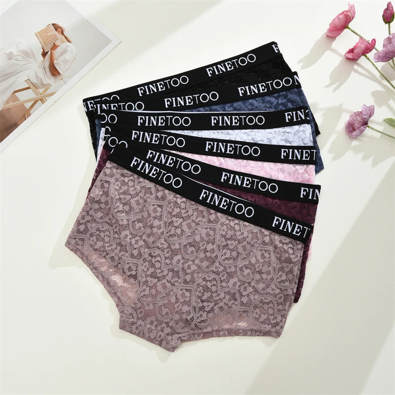 FINETOO 3Pcs Lace Hollow Out Boyshorts Underwear Women's Elastic Belt Panties Sexy Transparent Floral Briefs Breathable Lingerie