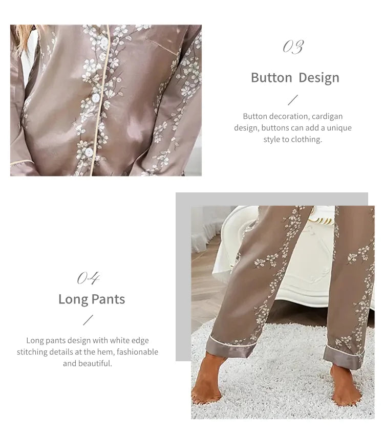 Satin Floral Pajama Set — Long Sleeve Button-Up Top & Pants