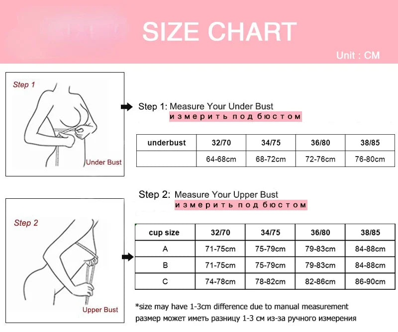 Women's Deep V Sexy Push Up Bra for Small Flat Chest | Ultra-Thick 3D Cup Lingerie with Gathered Back | Wire-Free Beaded Bra Set (32–38 / 70–85 AB)