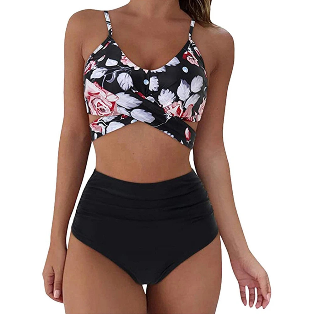 High Waist Bikini Set — Cross Front Top & Ruched Bottoms | Women's Swimwear