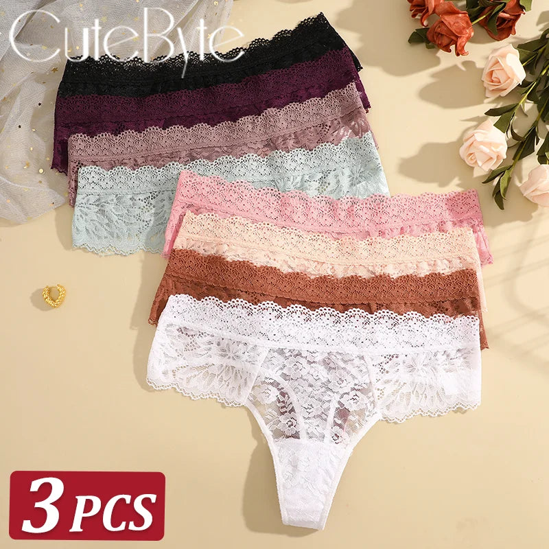 3Pcs Lace Sexy Thongs Women Low-Rise Briefs Sexy Soft Ladies Underwear Trendy Floral Underpants Female Flowery Panty Lingerie