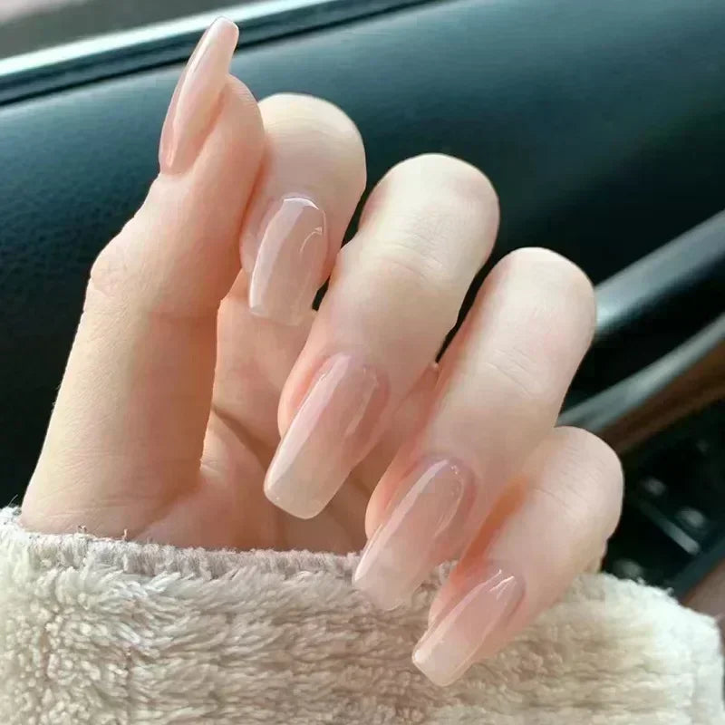 Long Coffin Press-On Nails with Glue – Nude, Pink & Color Designs, 24 Pieces